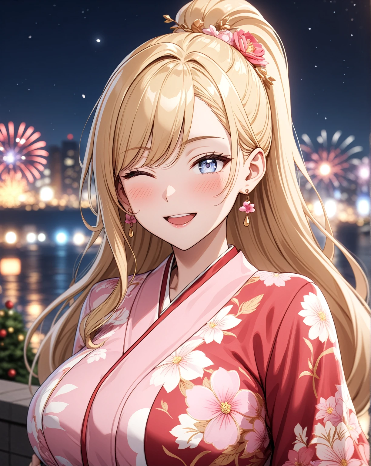 ((one personの女性)), Beautiful Face,Laughing embarrassedly,((Wink:2.0)),laugh with a big mouth,turn bright red,Glossy pink lips,night,rooftop,Festive decorations,You can see the ocean, firework,((Anime style background)),masterpiece, highest quality, so beautiful, Latest, Complex details, (Pink long nails),AI-generated, Complex,High resolution, highest quality, super high quality,3D Images、View your viewers、3D Images,one person,Long Blonde Hair,High Ponytail,blue eyes,Anime woman posing for a photo, (Fine grain,Silvery white colorful eyes,Shining Eyes:1.3),(Squint your eyes:1.1),a hyperRealistic , hyperRealistic , Realistic,Blonde anime woman with long hair, Smooth anime CG art, A woman in a colorful kimono with gold embroidery, (Pink kimono),Red floral pattern,Long flower hair ornament,Big earrings,(ring),(Flower Breath Red),(Big Breasts:1.1),Mature Body,Tall,Big Ass,Fine details,Tight waist,Abdominal muscles,(Face close up:1.5)