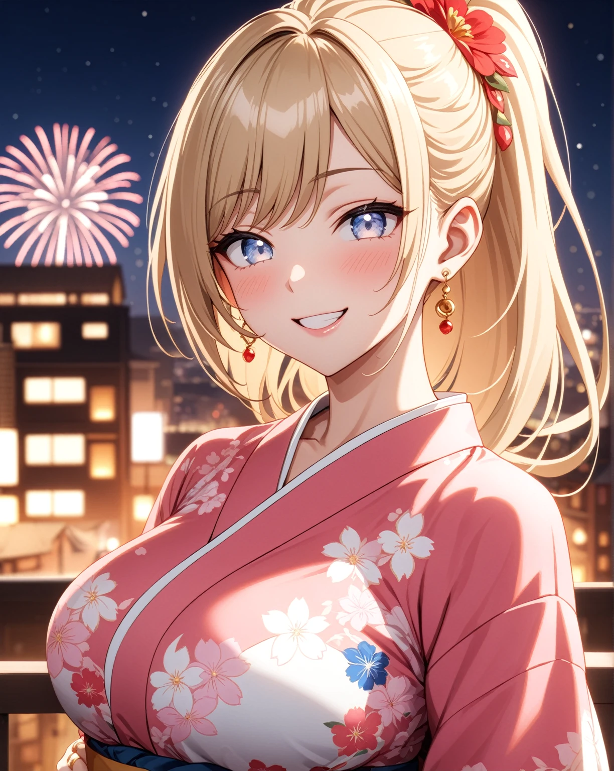 ((one personの女性)), Beautiful Face,Laughing embarrassedly,((Wink:2.0)),laugh with a big mouth,turn bright red,Glossy pink lips,night,rooftop,Festive decorations,You can see the ocean, firework,((Anime style background)),masterpiece, highest quality, so beautiful, Latest, Complex details, (Pink long nails),AI-generated, Complex,High resolution, highest quality, super high quality,3D Images、View your viewers、3D Images,one person,Long Blonde Hair,High Ponytail,blue eyes,Anime woman posing for a photo, (Fine grain,Silvery white colorful eyes,Shining Eyes:1.3),(Squint your eyes:1.1),a hyperRealistic , hyperRealistic , Realistic,Blonde anime woman with long hair, Smooth anime CG art, A woman in a colorful kimono with gold embroidery, (Pink kimono),Red floral pattern,Long flower hair ornament,Big earrings,(ring),(Flower Breath Red),(:1.1),Mature BodyBig Ass,Fine details,ht waist,Abdominal muscles,(Face close up:1.5)