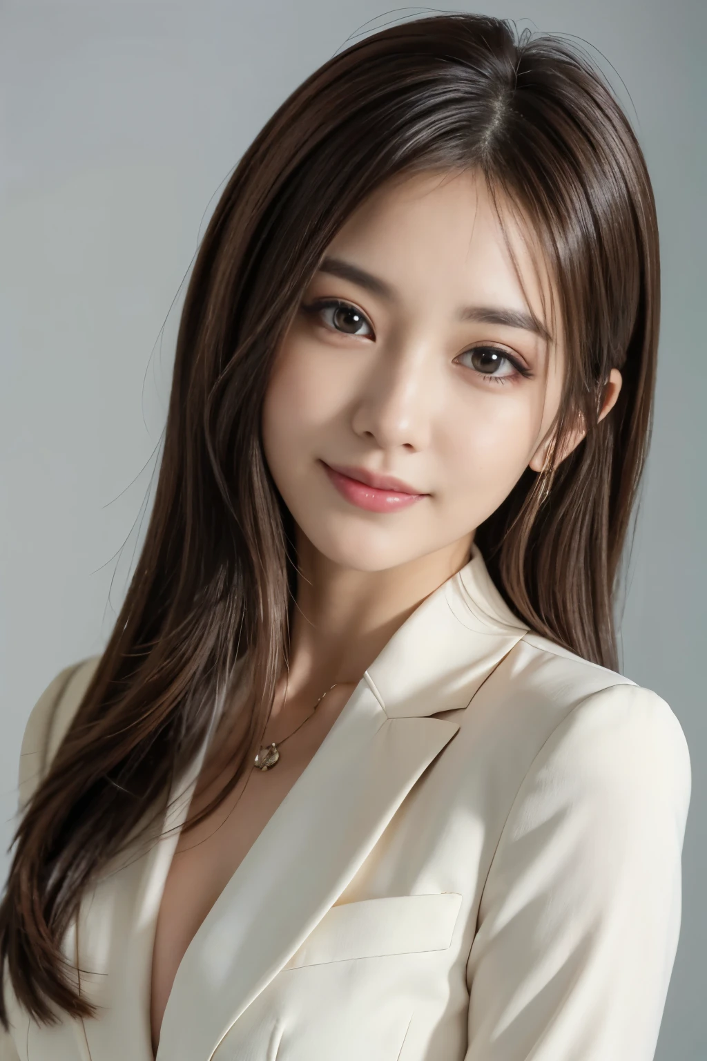 Tabletop, Japanese,highest quality, Realistic, Super detailed, In detail, High resolution, 8k wallpaper, 1. Beautiful Women,, Light brown messy hair, Wearing a business suit, Sharp focus, Perfect dynamic composition, Beautiful big eyes, Fine hair, Detailed and realistic skin texture, smile, Close-up portrait, Model Body Type, White background,