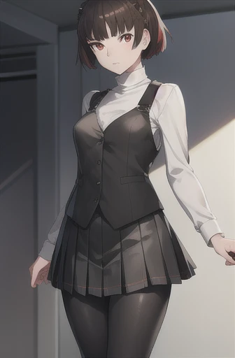makotonijima, makoto nijima, blunt bangs, braid, brown hair, crown braid, (red eyes:1.3), short hair, BREAK black shiny leggings, black vest, bow, checkered clothes, long sleeves, pleated, pleated skirt, red bow, , shirt, shuujin academy , black shiny tights, sweater, sweater vest, turtleneck, turtleneck sweater, vest, white shirt, white sweater BREAK looking at viewer, BREAK indoors, classroom, BREAK (masterpiece:1.2), best quality, high resolution, unity 8k wallpaper, (illustration:0.8), (beautiful detailed eyes:1.6), extremely detailed face, perfect lighting, extremely detailed CG, (perfect hands, perfect anatomy) BREAK (full body portrait:1.07)