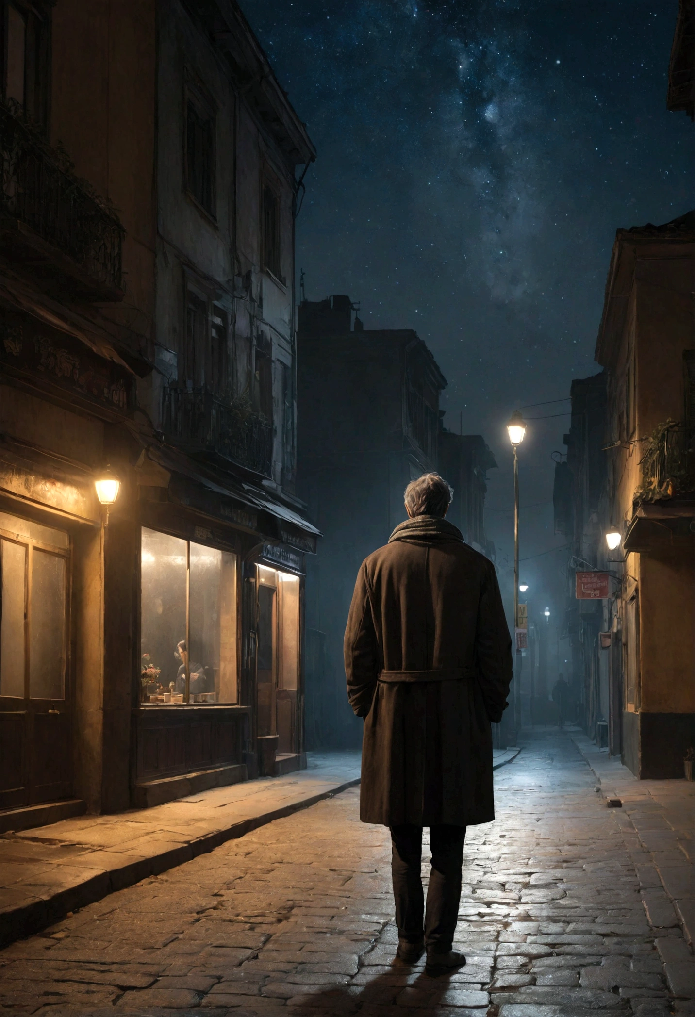 "Generate a highly detailed photorealistic image of a lonely man standing alone in a quiet night scene. The man should be depicted in an urban setting with empty streets, dim streetlights casting long shadows, and a melancholic atmosphere. He should be wearing a dark coat and a scarf, with his hands in his pockets, and looking down at the ground. Surrounding him, there should be closed shops and buildings, with some faint light coming from distant windows. The sky should be dark, with a few stars visible. Produce a high-resolution, 4K image that captures the sense of solitude and introspection, using natural light and shadow to enhance the mood."