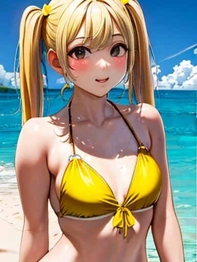 Beach、Beach、Yellow Swimwear、girl、solo、Twin tails、Blonde Hair、