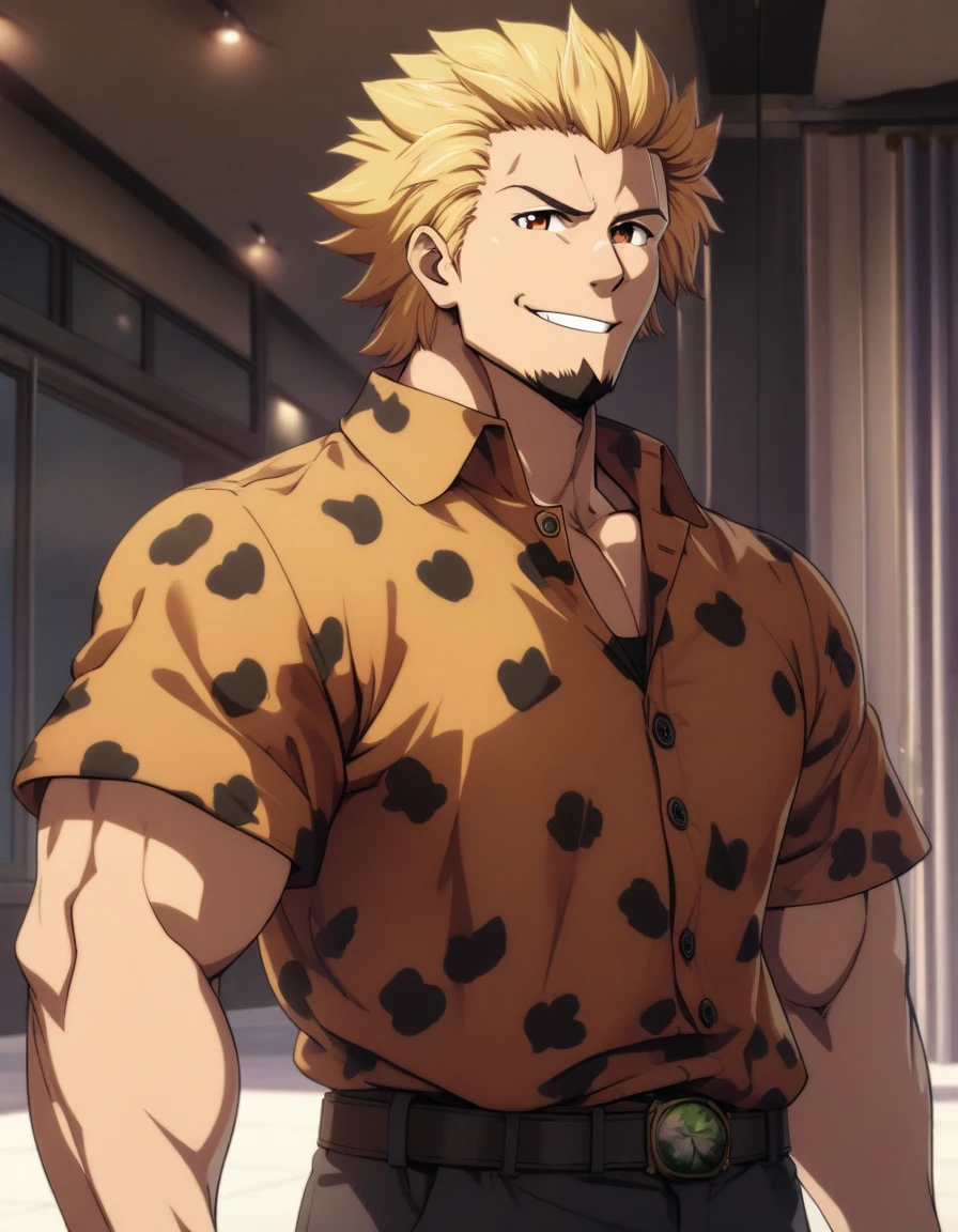 1man, ordinary chinpira, 30yo, brown-blonde, bangs upper, forehead, short hair, smart pentagon face, beige skin, netori male, brown eyes, friendly, tough guy, beautiful detailed eyes, mature, blond goatee, short flaped hair, masculine, yarichin, ideal ratio body proportions, solo, upperlegs focus, black leopard print shirt, summer, soft grinning, standing, detailed background, cinematic colored, visual novel, caustics, textile shading, 2010s, in capcom art style, extreme all detailed, sharp vision, masterpiece, best quality