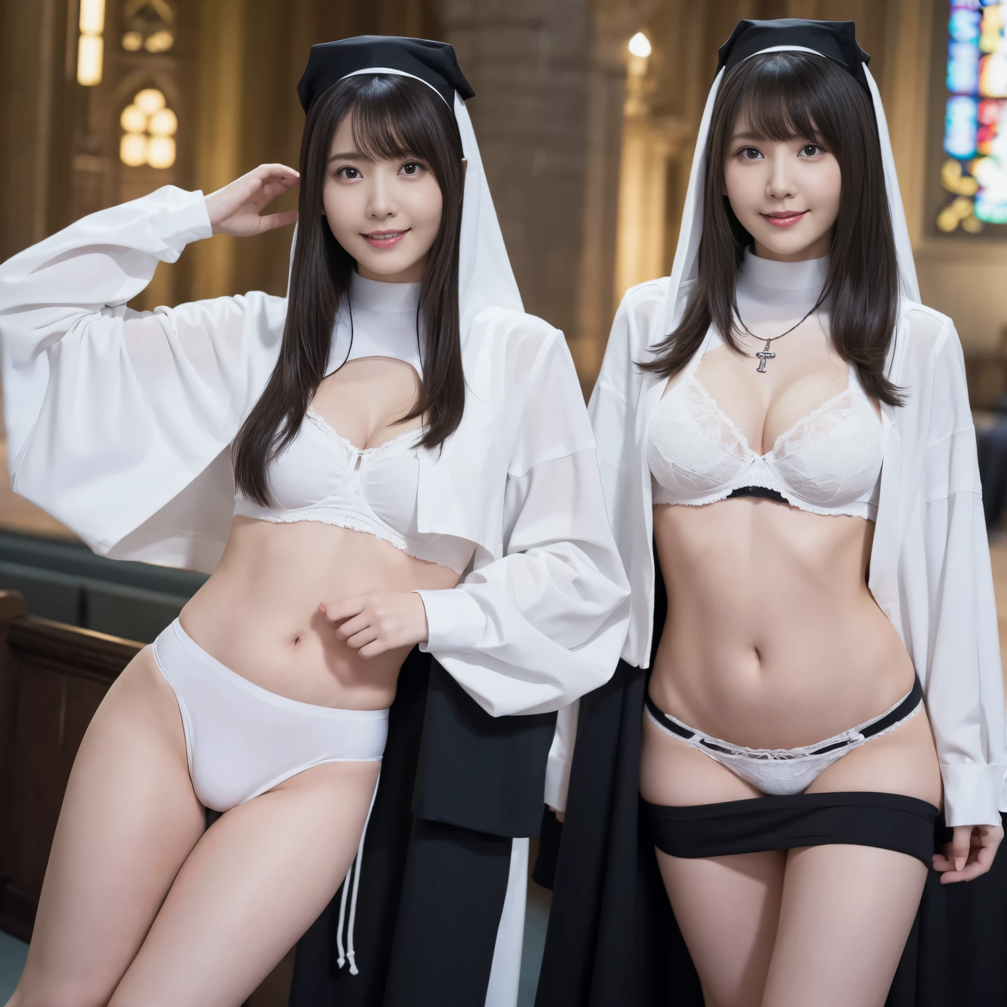 （nun headdress、In underwear、High leg、White panties with strings on the sides、White bra、Groin、Knee-high socks、ass、Black Hair、Big Ass、Inside the church、Buttocks clenching、belly button）、Extremely sexy、smile、rosary necklace、Are standing、Professional Lighting、Small waist、Beautiful adult woman、Captivating thighs、Very large breasts、Cleavage、