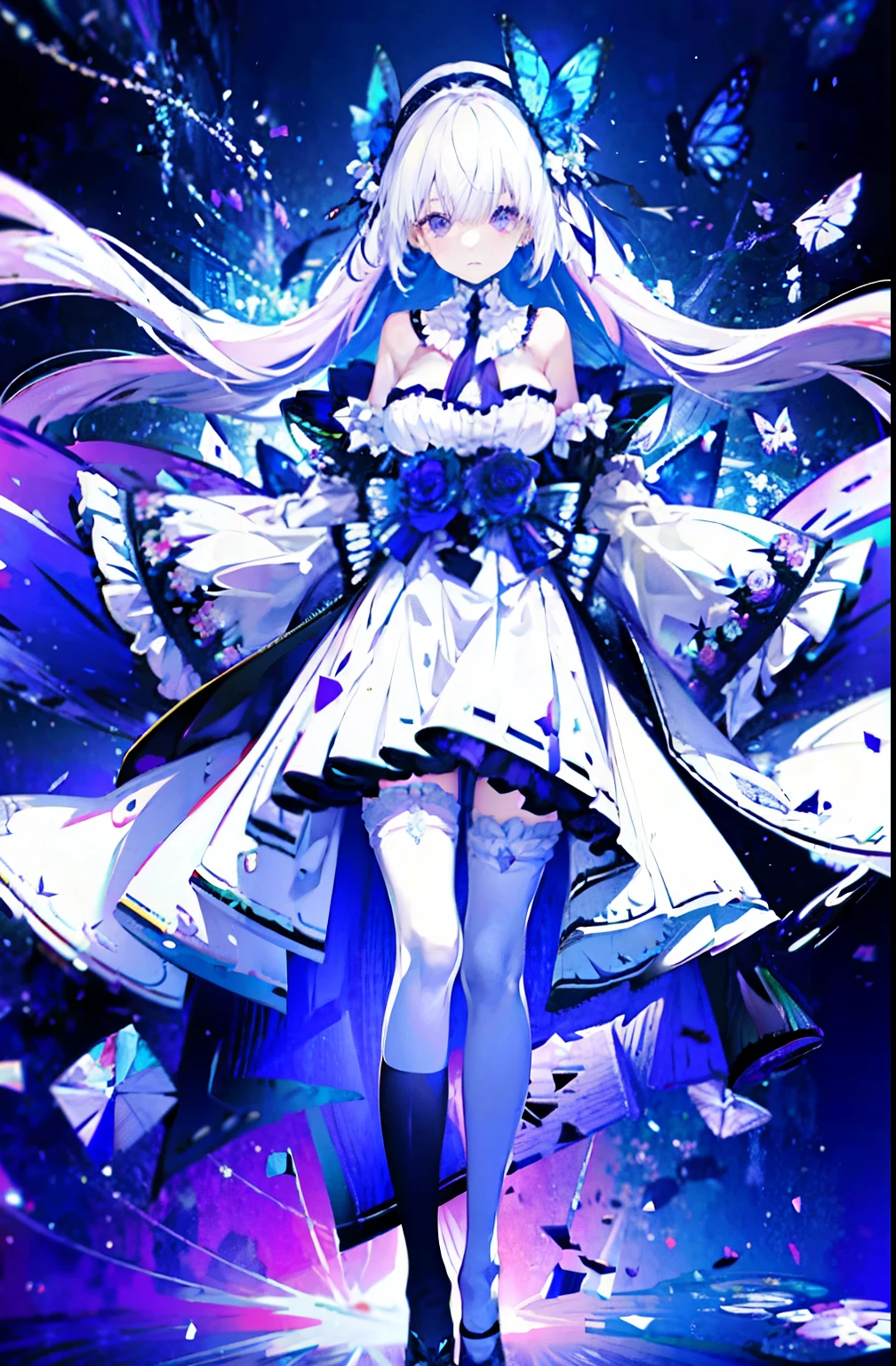 silver hair,crystal hair, butterflies,long white hair,8k wallpaper,detailedbackground,Highest resolution,deep v big breasts,Hair covers one eye,Bandeau,chies,Purple roses,tight-fitting,High socks,stockings