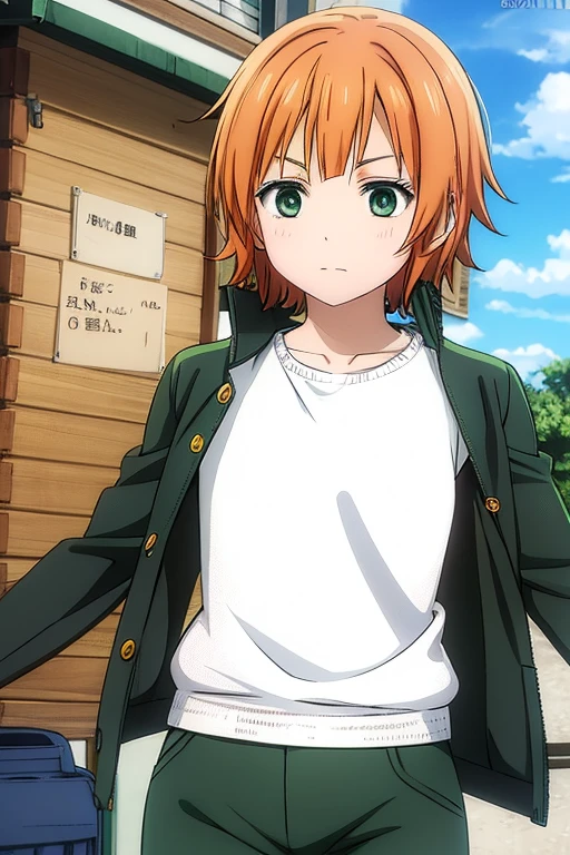 anime, detailed,short orange hair, green eyes, dark green pants, his green gakuran jacket