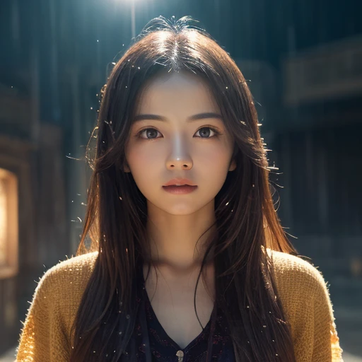a raw, ultra-detailed, photorealistic (1.3) masterpiece portrait of a single girl with long, messy hair in a dynamic angle, set in a world-class theater with excellent cinematic lighting, lens flare, and an Dunhuang-style artistic flair, 8k resolution wallpaper quality, best quality, dancing in the rain
