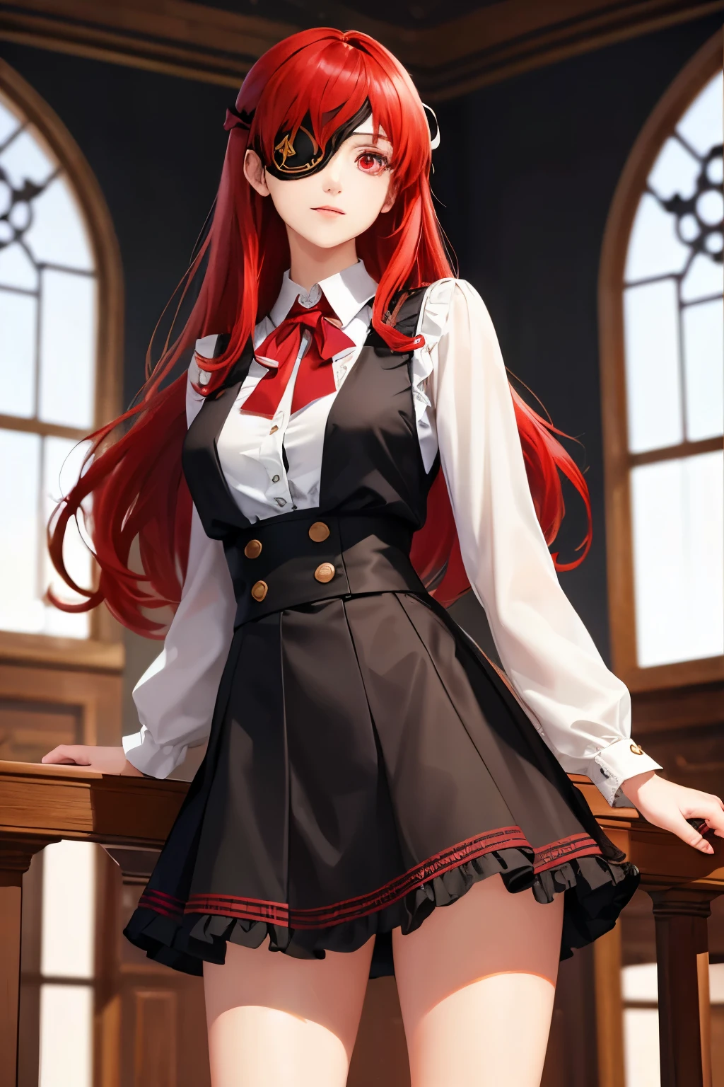 ((best quality)), ((masterpiece)), (detailed), perfect face, ((eyepatch:1.2)), (long hair:1.4), (red hair, red eyes:1.4), 1girl, solo, skirt, shirts, vest, legging, white shirts, Button-up shirts, black vest, smile, outdoors, black skirt, looking at viewer, black legging, rose pattern legging, long sleeves, bangs, ribbon, frilled skirt, frills, plaid, bow, Star shape eyepatch, gold eyepatch, standing, red ribbon, wide sleeves, hand on waist, medium breasts, cafe, inside bosco cafe, cowboy shot, elegance, mature women