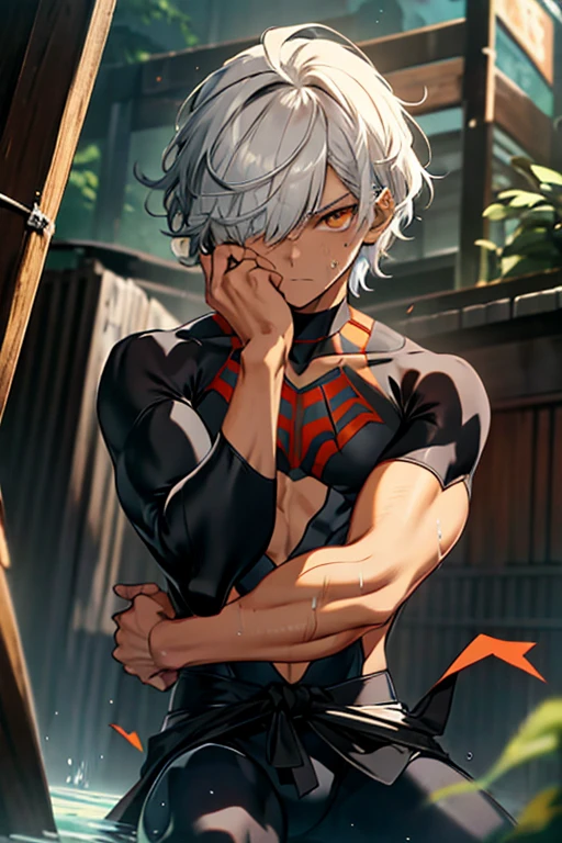 Tied up　Fight　masterpiece　juvenile　thin　male　Kneel　Raised arms　thin体　Embarrassing　Gray Hair　Orange eyes　Torn tights　Shoulder-length hair　Electricity is everywhere　get wet　Big eyes　Hair over one eye　Swimwear　Are thin　thin　Black Spider-Man　Black clothes　Black body