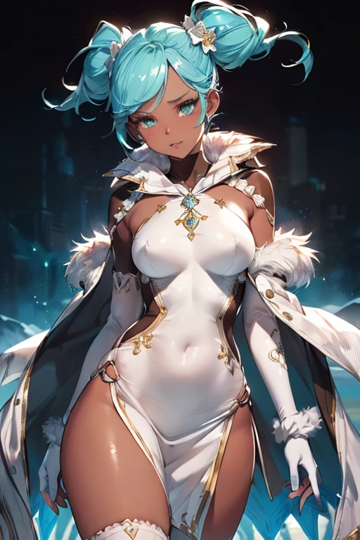 Medieval style cityscape,Iooiklas, hair ornaments, White Dress, Black knee socks,
Removable sleeves,Complex eyes,Beautiful fine details,Symmetrical eyes,Big eyes:1.5,
(((dark skin,dark_skin,lustrous skin:1.5,bright skin: 1.5,
skin tanned,shiny skin,very shiny skin,Shiny body,plastic glitter
skin,exaggerated shiny skin,illuminated skin))),
(,Detailed body,(Detailed face)), cute,Lewd,erotic,Bold,
Revealing clothing,show skin,(((Sexy aqua fur coat, Aqua fur coat outfit,
wearing a Ice Dress:1.3,aqua 冬 coat))), ((Ice Dress,elegant Ice Dress)),
(White gloves,White clothes,(((Complex outfit,Complicated clothes,Embroidered costume,Glamorous costumes,Embroidered clothes,
Glamorous clothing))),
High resolution,Sharp focus,(Super detailed,Very detailed),(Very detailed CG unity 8k wallpaper),
(((Vibrant colors))),