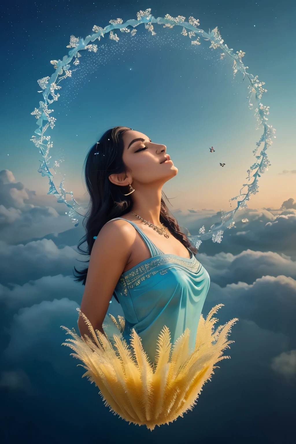 A mesmerizing 3D cinematic illustration that captures the essence of Gorgeous and Beautiful. The name " Sheeba Viji " is elegantly written in a script font, with each letter formed from butterfly, sponge-like cute, creating a mesmerizing visual effect. The serene sky and soft, floating clouds form a perfect backdrop, evoking feelings of purity and blessings.