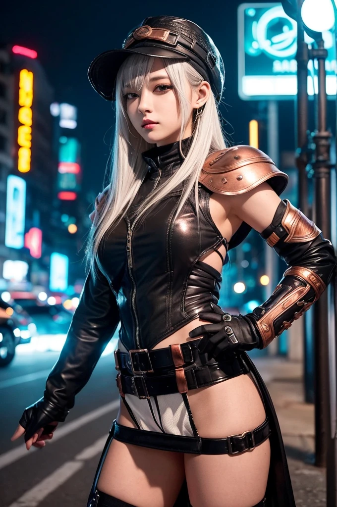 サイバーpunk、1 female、wild、black、Erotic、sexy、metal、silvery white、Brown、copper、Armor、hat、goggles、punk、Future、Neon city at night、Extremely beautiful、