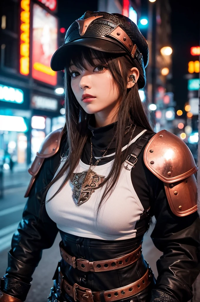 サイバーpunk、1 female、wild、black、Erotic、sexy、metal、silvery white、Brown、copper、Armor、hat、goggles、punk、Future、Neon city at night、Extremely beautiful、