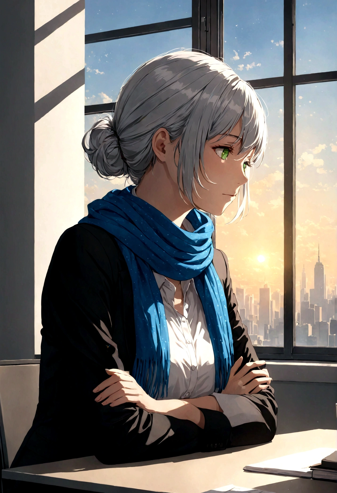((masterpiece,best quality, high resolution)), 1 Girl, Solitary, Green Eyes, Silver hair tied with a red ribbon, Bangs, sit, Cross your arms on the table, Sleeping with arms folded, Black suit, , blue scarf, white shirt, Black narrow skirt, (in office), Dramatic lighting, Next to the window, afternoon light through the window, afternoon, Bokeh effect