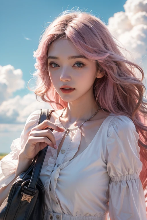 Light pink hair, Pink Eyes, Pink and white, Clouds in the blue sky, Vibrant colors, steampunk, blouse white、Paint Splash, Corn field, Wavy long hair、