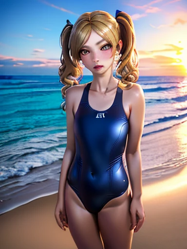 A beautiful girl in a yellow swimsuit, standing alone on a sandy beach, her long blonde hair tied in twin tails, (best quality,4k,8k,highres,masterpiece:1.2),ultra-detailed,(realistic,photorealistic,photo-realistic:1.37),detailed face and eyes,detailed hair, beach scenery, golden hour lighting, vivid colors, serene atmosphere