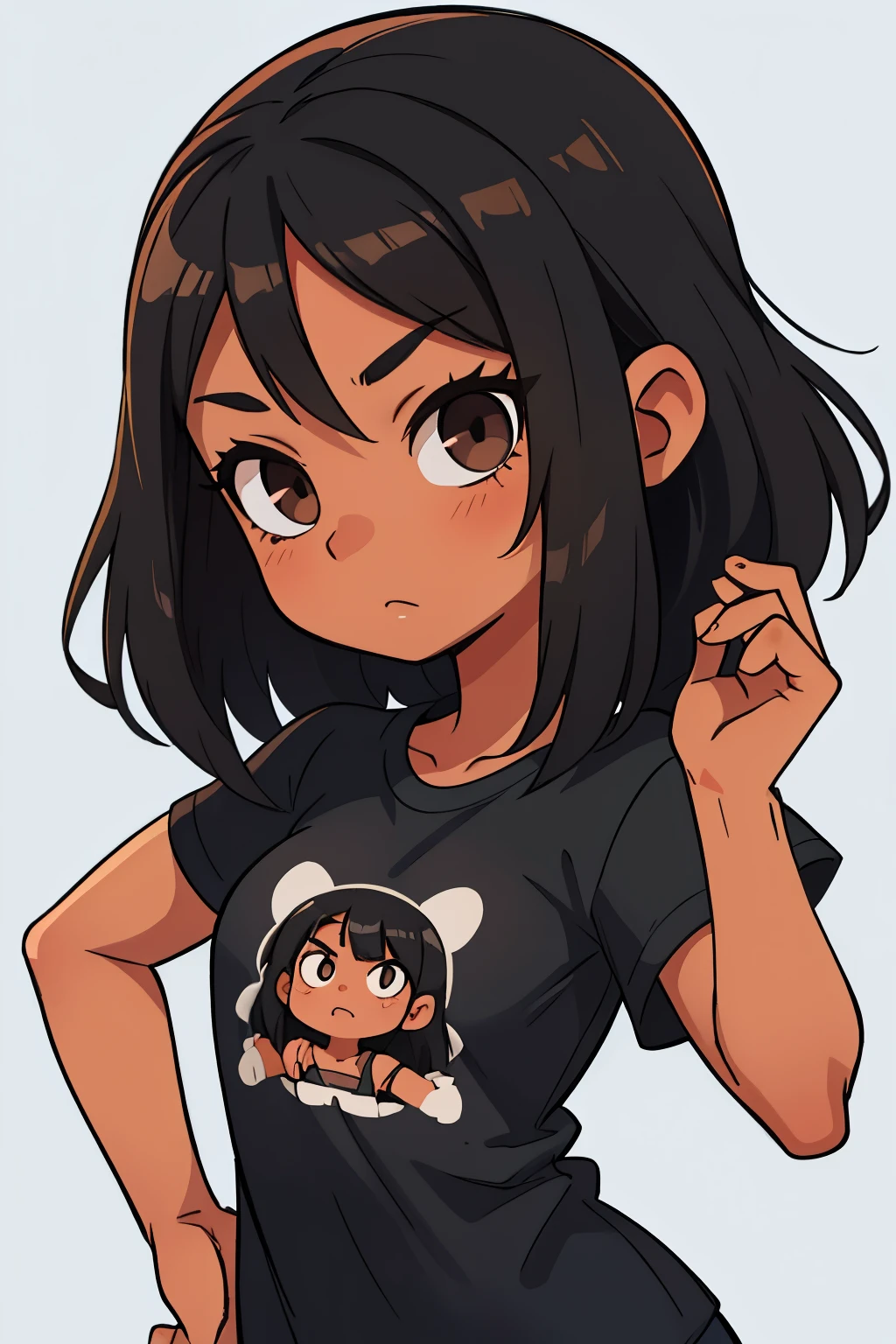 girl, Brown skin, Black hair, Medium Length Hair, Gray eyes, Black T-shirt,PNG transparent background