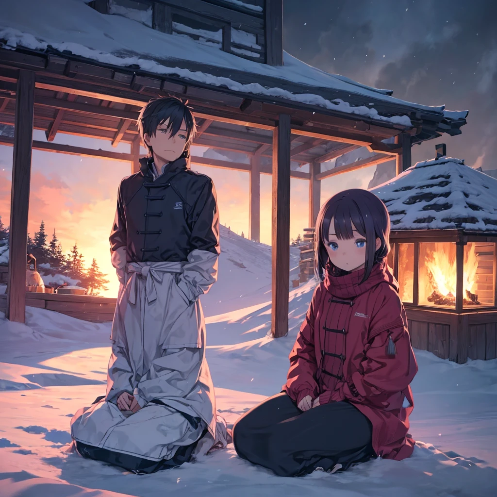 One Girl、One Boy、Inside a dim mountain hut、Snowstorm、sit shoulder to shoulder、Bonfire、