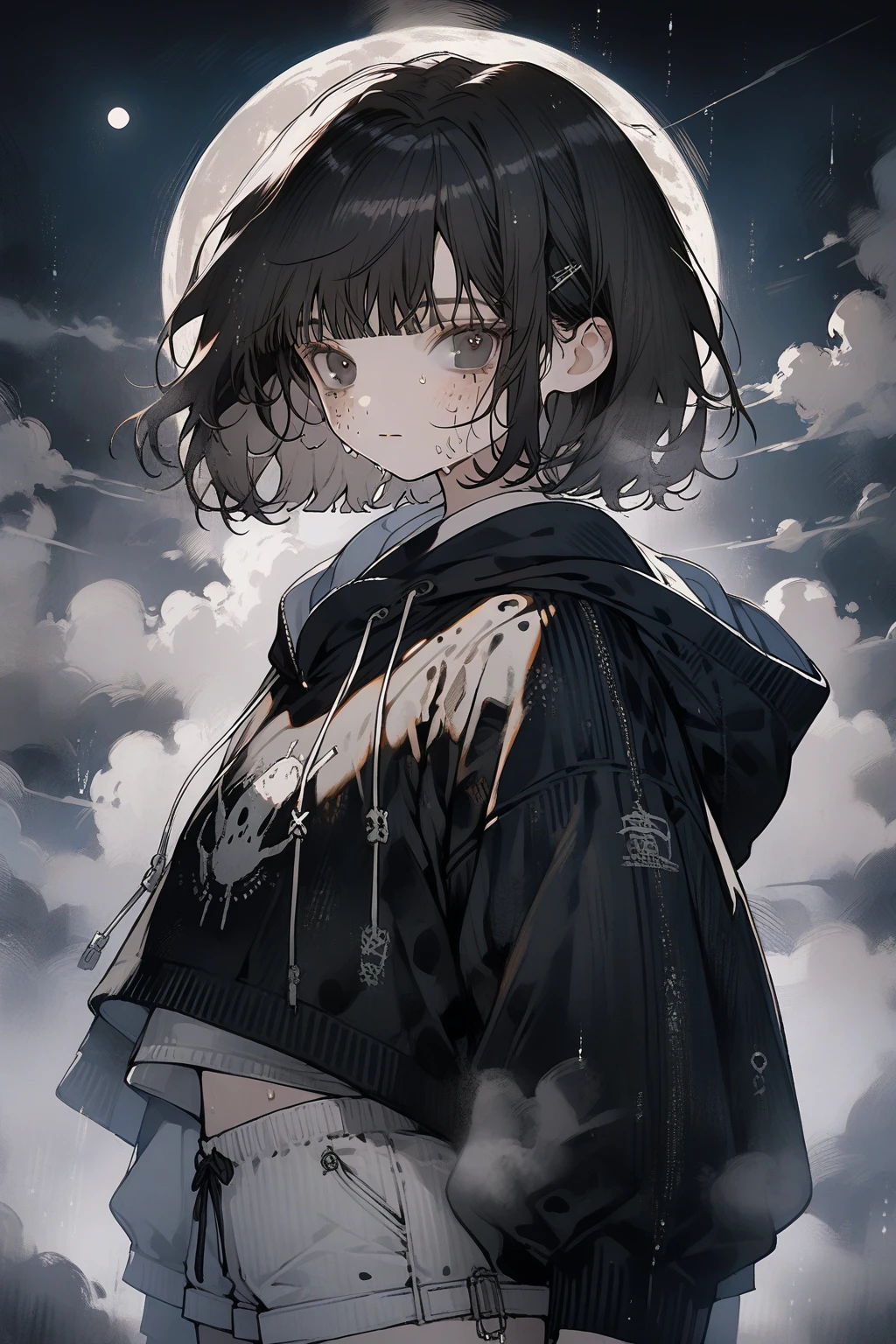 1 girl, CuteStyle, black eyes, black hair, short hair with bangs, dressed in a black hoodie and white shorts, outside, night, full moon, stars, fog, steam, sweat on her face, looking at the viewer, sad look, detailed, beautiful, gentle tones