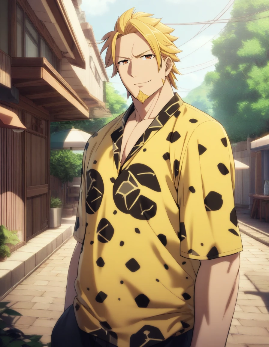 1man, ordinary chinpira, 30yo, brown-blonde, bangs upper, forehead, short hair, smart pentagon face, beige skin, netori male, brown eyes, friendly, tough guy, beautiful detailed eyes, mature, blond goatee, short flaped hair, masculine, yarichin, male high ratio body proportions, solo, upperlegs focus, black leopard print shirt, summer, soft grinning, standing, detailed background, cinematic colored, visual novel, caustics, textile shading, 2010s, in capcom style, extreme all detailed, sharp vision, masterpiece, best quality