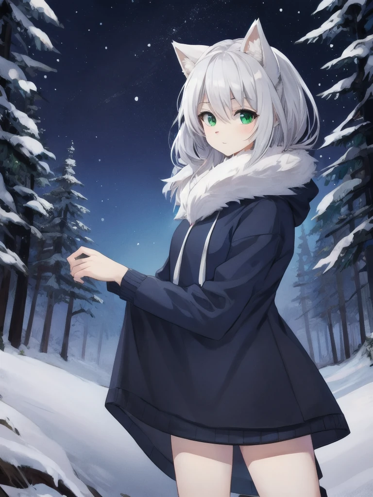 One 21 years old furry wolf anthro girl, Black fur, Best quality, High quality, wears Blue hoodie and Grey farmer, has green eyes, best eyes, pretty face, medium brests, in the Winter forest, standing in the Snow, Night sky, Stars in the sky