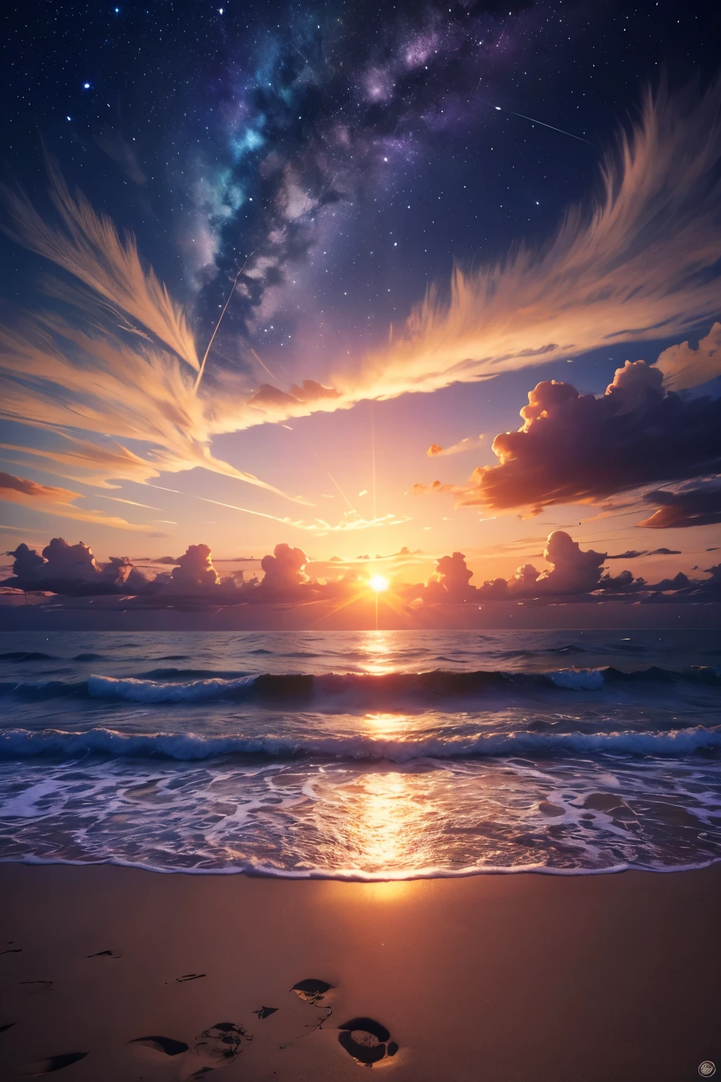 sunset beach, night sky, photo real, beautiful sky, beautiful sea, high detailed, high quality, masterpiece,