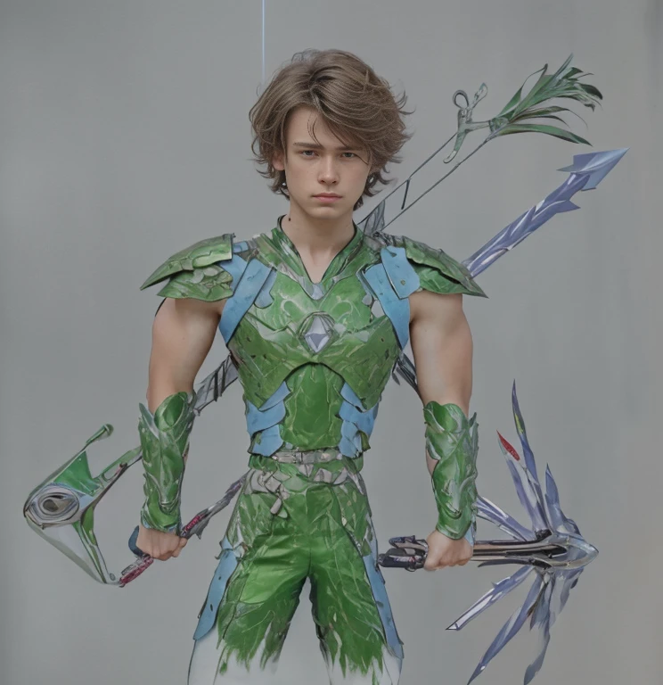 (ultra realistic,32k, masterpiece:1.2, UHD),(high detailed skin:1.1),( high quality:1.1), 1 boy, brown short raw cut hairs, brown eyes, green techno fantasy armor, cyberpunk, techno fantasy bow with ((energy bow arch)),((energy arrows)), caucasian race, light decourations, 18 years old