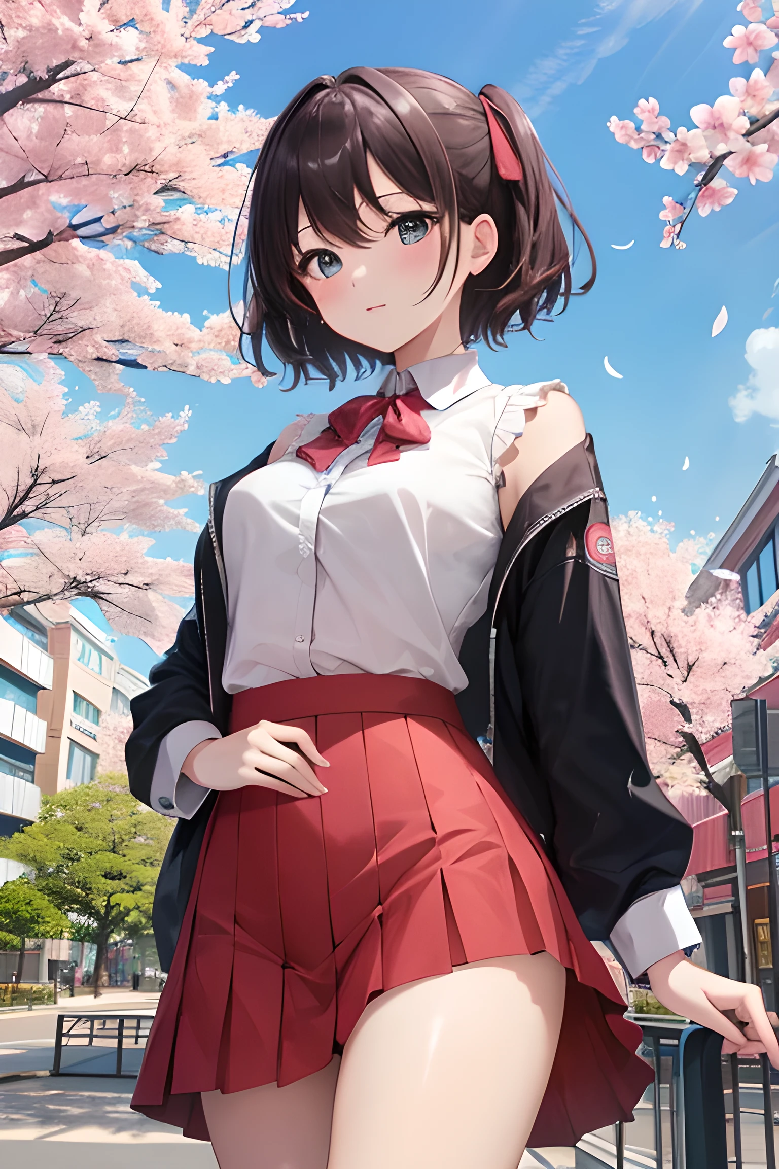 masterpiece, highest quality, High resolution, Very detailed, Detailed Background, Cinema Lighting, One girl, cute, Medium chest, , Skirt Lift, Public indecency, View Viewer, building, Outdoor, cherry blossoms, Bokeh,