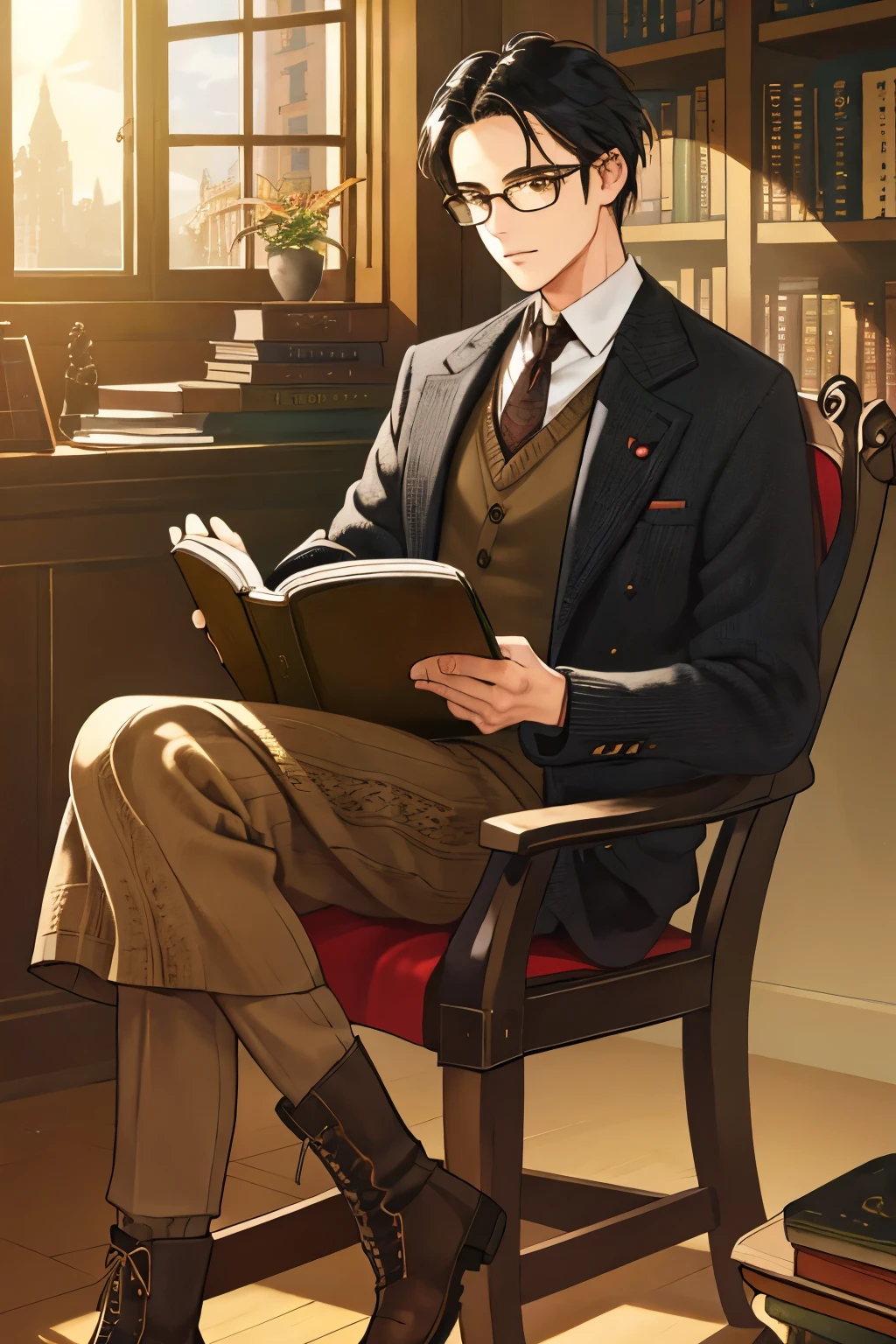 man, black hair, brown eyes, reading a book in a library, sharp detailed features, ultra-realistic vivid skin, wrinkles in forehead and eyes from concentrating, reading glasses, tweed jacket, knitted sweater, worn leather boots, wooden bookshelves, tall arched windows, afternoon sunlight, scattered notebooks and papers, cozy armchair, antique hardback book, English literature