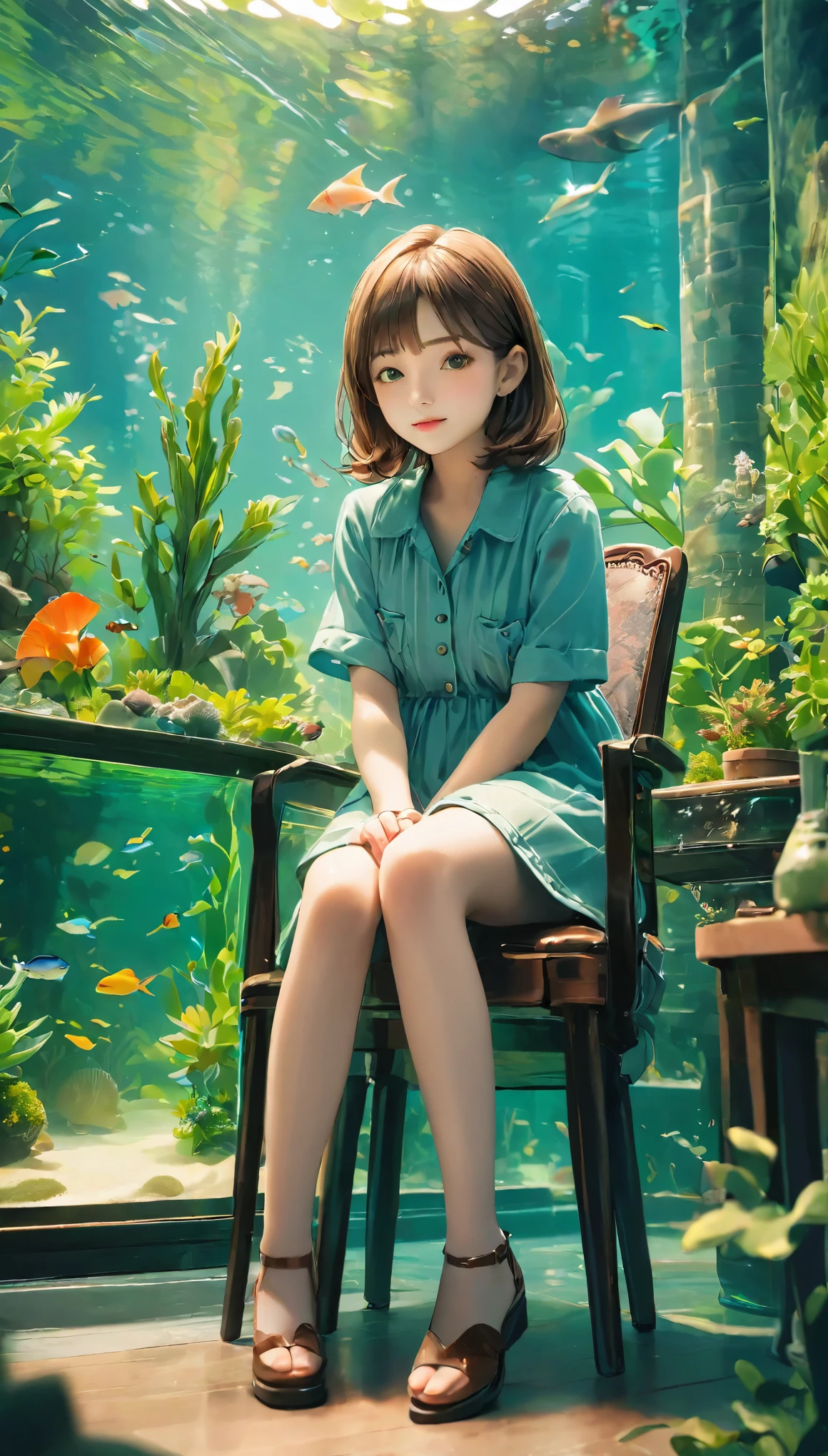 Portraiture、Miniature photo style、One Girl、Focus on the girl、Brown Hair、Shortcuts、(((Large Aquarium、Aquarium)))、Foliage plant、succulent plants、Beautifully laid out、完璧にBlurred Background、Well-coordinated room、Sitting in a chair、highest quality、Best image quality、Ultra-high resolution、Very detailed、８ｋ、Cinema Lighting、Professional Photographer、Miniature、Blurred Background、