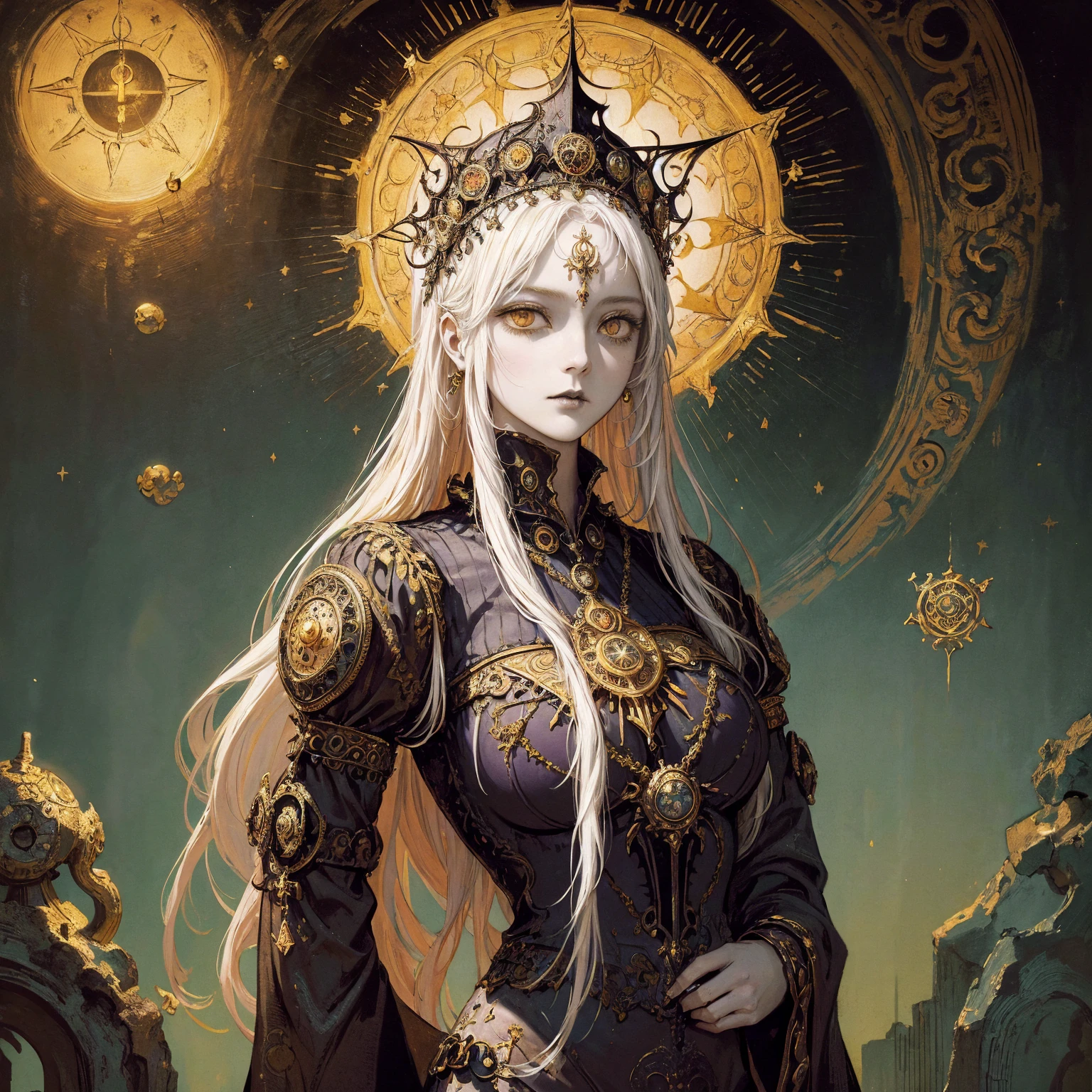 Art of a Woman Wearing a Sun Crown, (((Occult art))), Very detailed goddess ancient art, Sacredness. Very detailed, Mysterious inspiration, Inspiration from the Sun God, (Faded pictures :1.2), Snob face, Full body portrait, (Gothic art style, Weird art style :1.3), faded colors