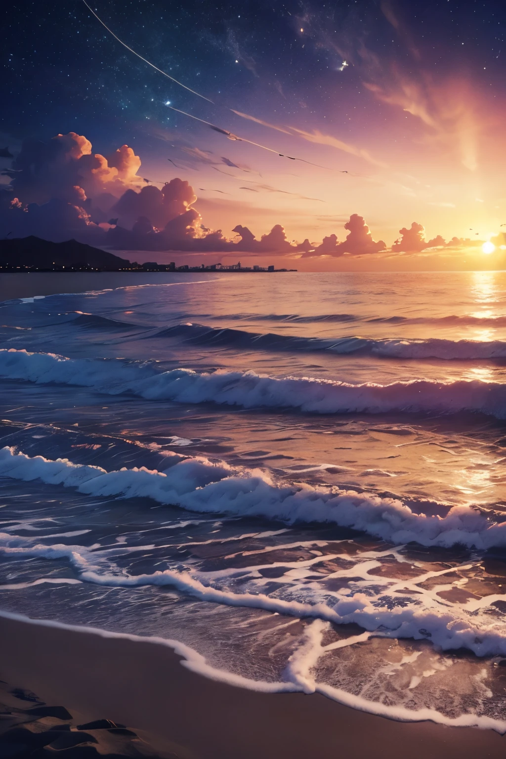 sunset beach, night sky, photo real, beautiful sky, beautiful sea, high detailed, high quality, masterpiece,