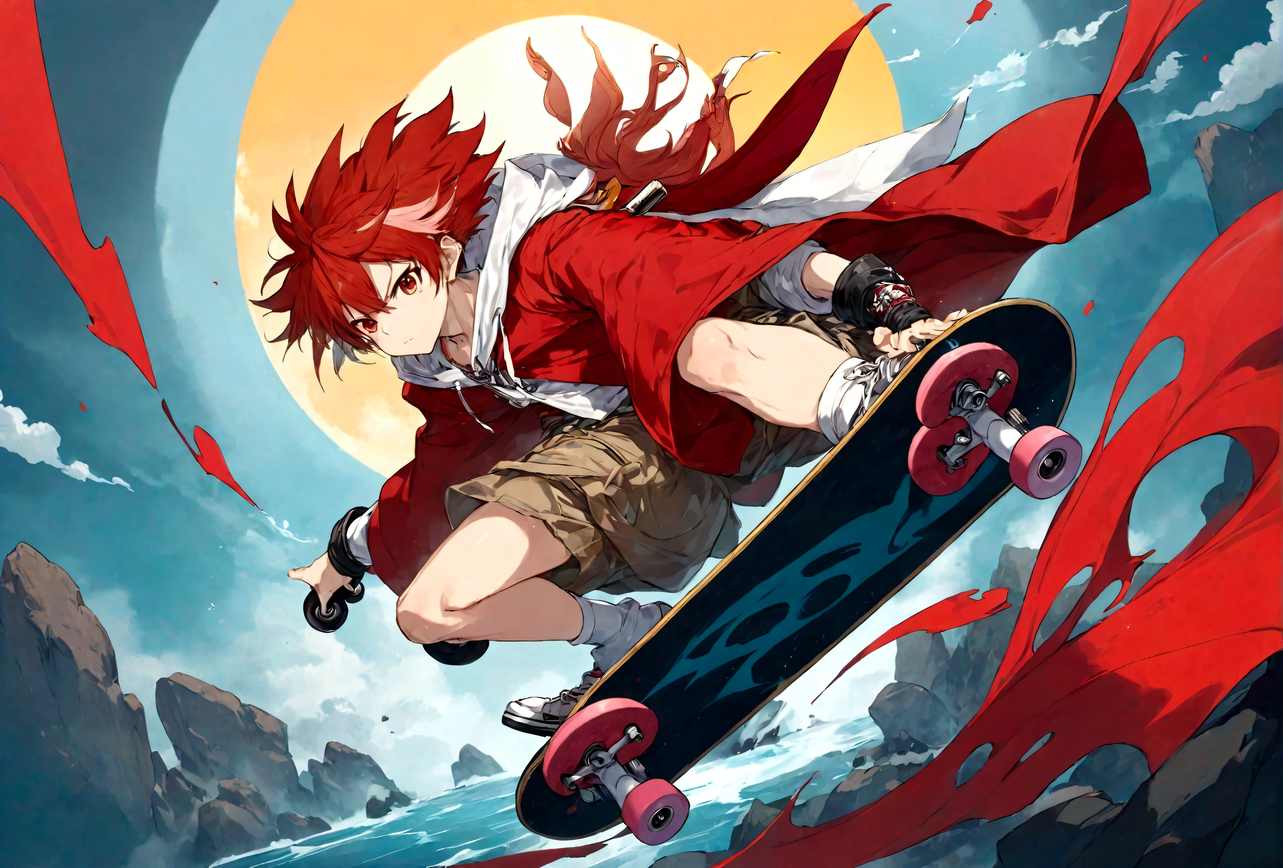 Red hair riding a skateboard、Anime character wearing a red cloak, Chrono Trigger Guilty Gear Style, guilty gear art style, epic anime style, Crono, Guilty Gear Hard Splash Art, Anime epic artwork, Anime Wallpaper, advanced digital anime art ”, High quality anime art style, epic anime, Best Animated Character Design, Sun Wukong, Red lotus rock