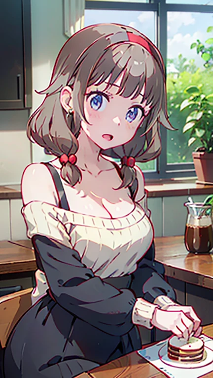 masterpiece, yor, 1girl, Amazing Cleavage:1.3, thin waist, big ass, Raised sexy, medium breast: 1.8 posed cleavage:1.2、solo, looking at viewer, open mouth, have a cup of coffee,black hair, red eyes, dress, bare shoulders, jewelry, collarbone, sidelocks, hairband, earrings, indoors, off shoulder, :o, sweater, arms behind back, plant, short hair with long locks, white hairband, off-shoulder dress, sweater dress, off-shoulder sweater, red sweater, big side hair, very long side hair,is rendered in (masterpiece: 1.2, best quality), with (ultra high resolution) and an exquisite (depth of field). This masterpiece is not only visually stunning but also tells, make of cake cooking ,in the kitchen 