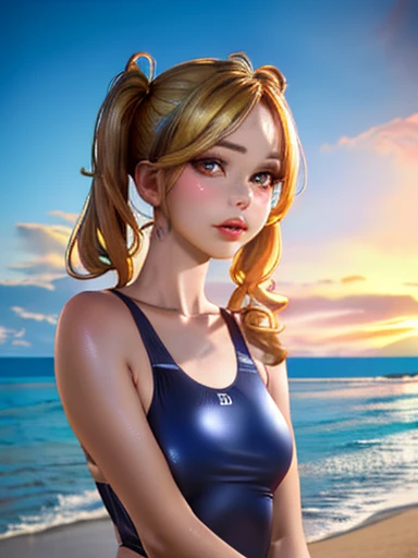 A beautiful girl in a yellow swimsuit, standing alone on a sandy beach, her long blonde hair tied in twin tails, (best quality,4k,8k,highres,masterpiece:1.2),ultra-detailed,(realistic,photorealistic,photo-realistic:1.37),detailed face and eyes,detailed hair, beach scenery, golden hour lighting, vivid colors, serene atmosphere