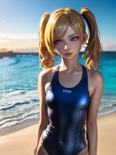 A beautiful girl in a yellow swimsuit, standing alone on a sandy beach, her long blonde hair tied in twin tails, (best quality,4k,8k,highres,masterpiece:1.2),ultra-detailed,(realistic,photorealistic,photo-realistic:1.37),detailed face and eyes,detailed hair, beach scenery, golden hour lighting, vivid colors, serene atmosphere