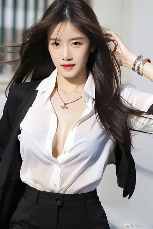 ((best quality)), ((masterpiece)), (detailed), 1girl , beautiful straight black long hair , seductive gaze , perfect body , standing position , sexy poses , sexy white collar shirts , luxury necklace , luxury bracelets , office background ,
