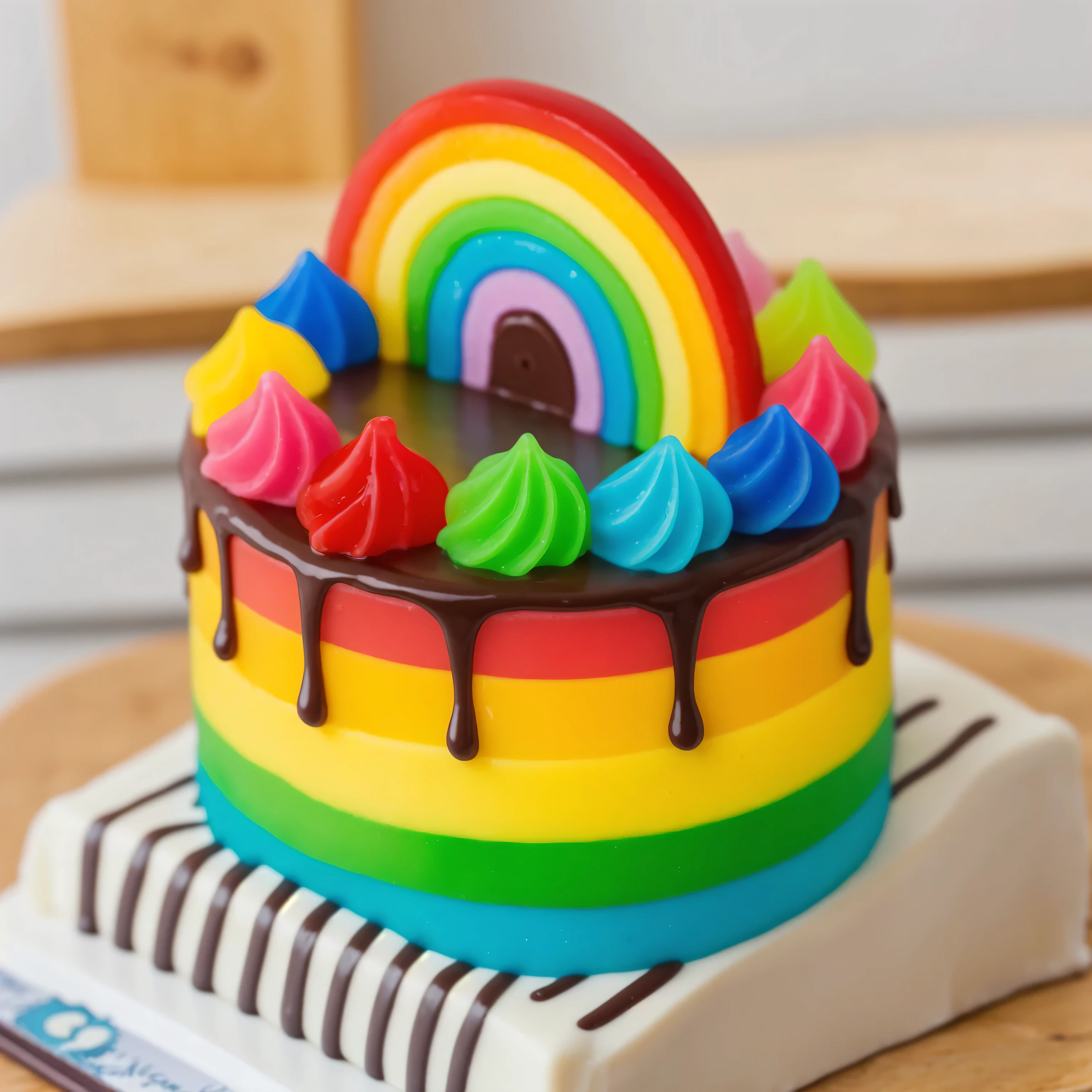 on a white stand, a small multi-colored jelly gummy cake, multi-colored jelly layer, on top of the cake is chocolate ganache, the anchor is spread over the cake, multi-colored cream swirls are arranged on the chocolate, and a mastic rainbow is arranged on the center of the cake, realistic texture, realistic style, detailed texture, high quality, high resolution, high quality rendering, realistic photo, brightning light, macro photo