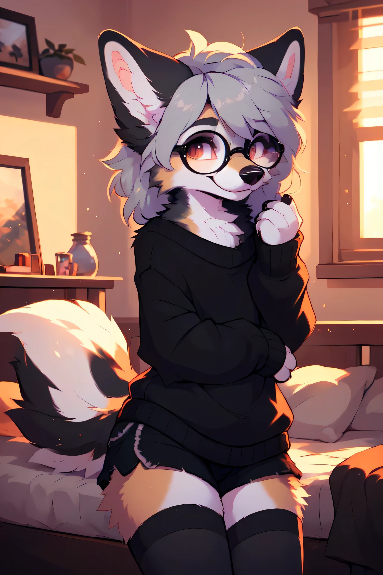 ((by reysi)), Best quality, super detailed illustration, warm colors, Ideal lighting, wearing large round glasses, (Fluffy girl dog:1.6), (Black fur:1.5) ,cute face, disheveled thick gray hair, short shorts, long black stockings, black long sleeve sweater, in a cosy room, smug smile, tricky glance , slim, perfect body,

