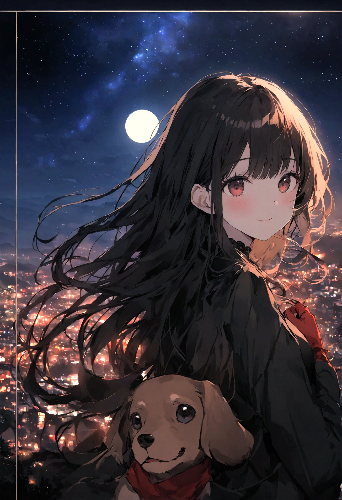 Dog 1、Woman 1、Red miniature dachshund、Red miniature dachshund long hair、dog'color is red、woman with very long black hair、Spectacular views、Night Scene、The view from the top of the hill、Full moon night sky、swirling starry sky、8K、Best Quality、詳しいdogの顔、The woman is facing the opposite direction、Ria、I can't see a woman's face、The whole body is in the photo、Like the night view of Tokyo、