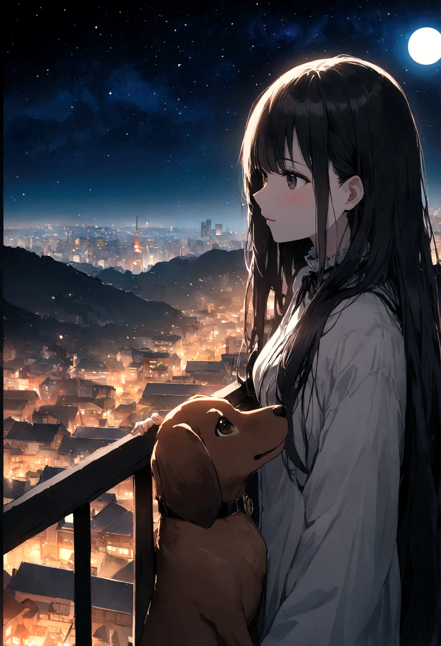 Dog 1、Woman 1、Red miniature dachshund、Red miniature dachshund long hair、dog&#39;color is red、woman with very long black hair、Spectacular views、Night Scene、The view from the top of the hill、Full moon night sky、swirling starry sky、８K、Best Quality、詳しいdogの顔、The woman is facing the opposite direction、Ria、I can't see a woman's face、The whole body is in the photo、Like the night view of Tokyo、