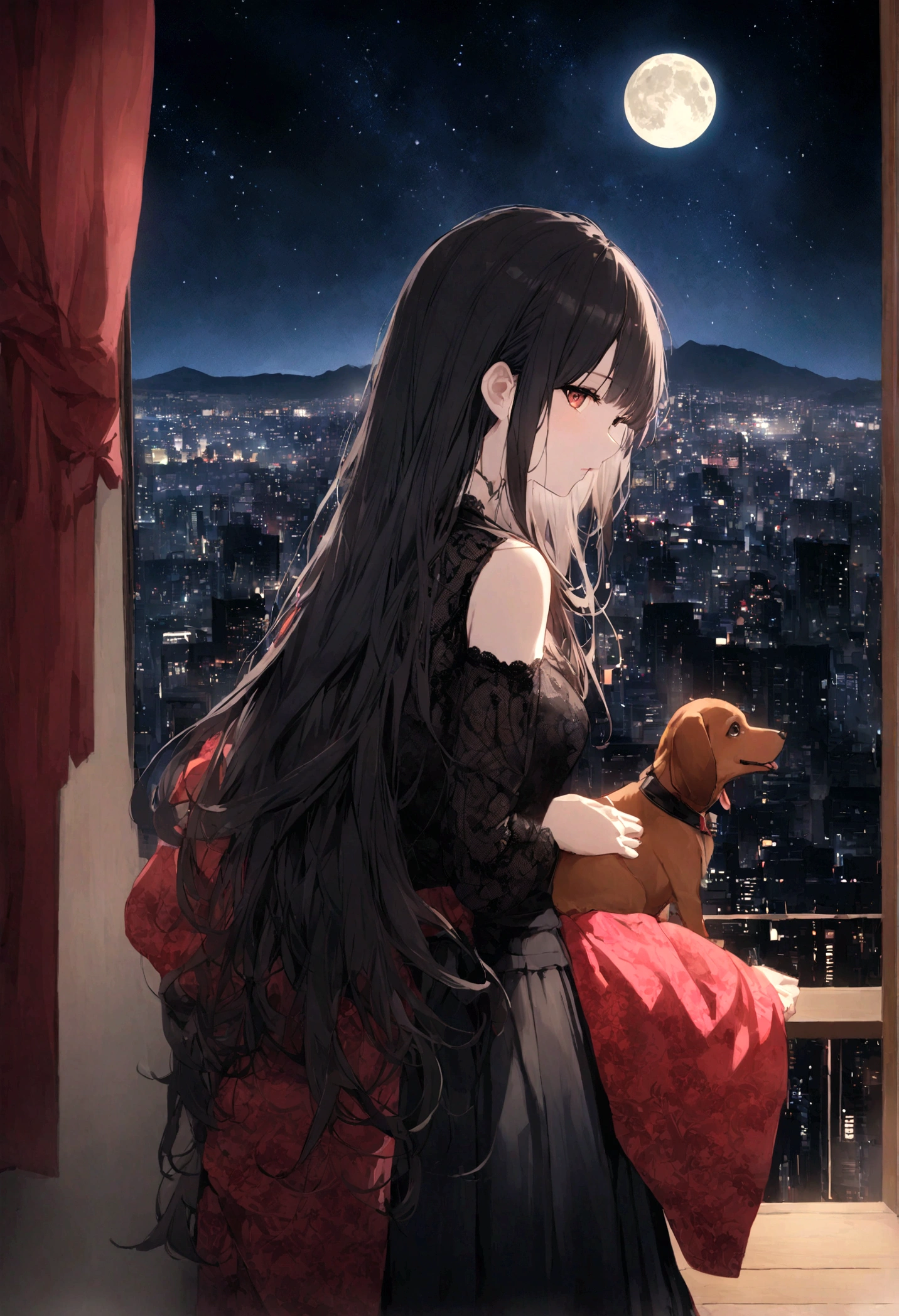 Dog 1、Woman 1、Red miniature dachshund、Red miniature dachshund long hair、dog&#39;color is red、woman with very long black hair、Spectacular views、Night Scene、The view from the top of the hill、Full moon night sky、swirling starry sky、８K、Best Quality、詳しいdogの顔、The woman is facing the opposite direction、Ria、I can't see a woman's face、The whole body is in the photo、Like the night view of Tokyo、