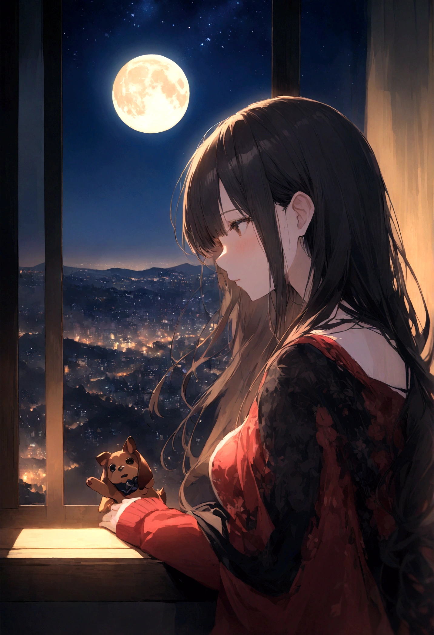 Dog 1、Woman 1、Red miniature dachshund、Red miniature dachshund long hair、dog&#39;color is red、woman with very long black hair、Spectacular views、Night Scene、The view from the top of the hill、Full moon night sky、swirling starry sky、８K、Best Quality、詳しいdogの顔、The woman is facing the opposite direction、Ria、I can't see a woman's face、The whole body is in the photo、Like the night view of Tokyo、