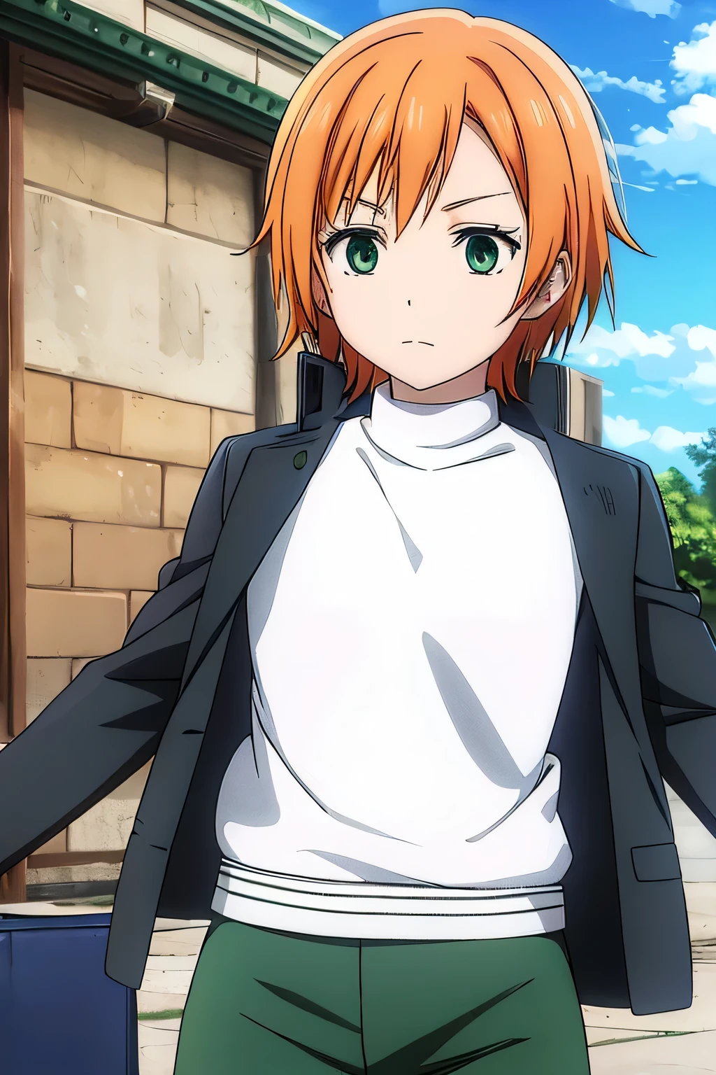 anime, detailed,short orange hair, green eyes, dark green pants, his gray gakuran uniform 