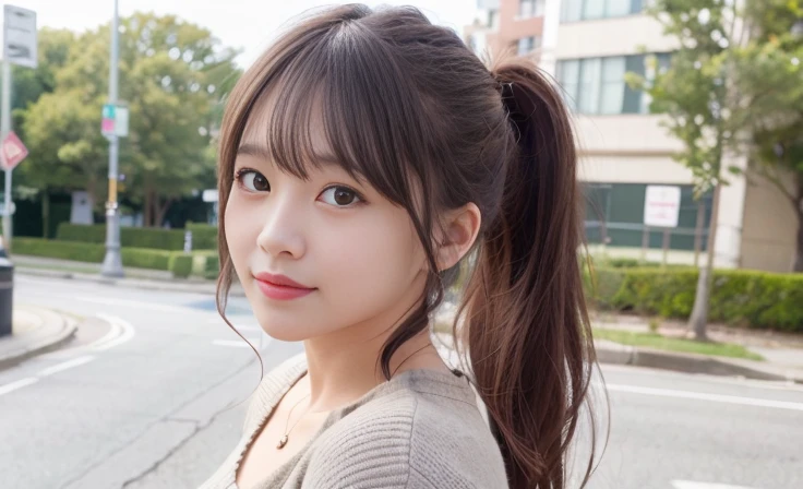 (8k、Raw photo、highest quality、masterpiece:1.2)、(Realistic、Photorealistic:1.37)、Ultra-detailed、超A high resolution、1 girl、Seeing the viewer、Beautifully detailed face、smile、(Slim waist) :1.3)、Beautifully detailed skin、Skin Texture、Floating Hair、Professional Lighting、Human whole body、Brown long hair、loosely curled hair、Street Snap、Light-colored knitwear、34 only、ponytail