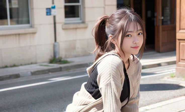 (8k、Raw photo、highest quality、masterpiece:1.2)、(Realistic、Photorealistic:1.37)、Ultra-detailed、超A high resolution、1 girl、Seeing the viewer、Beautifully detailed face、smile、(Slim waist) :1.3)、Beautifully detailed skin、Skin Texture、Floating Hair、Professional Lighting、Human whole body、Brown long hair、loosely curled hair、Street Snap、Light-colored knitwear、34 only、ponytail