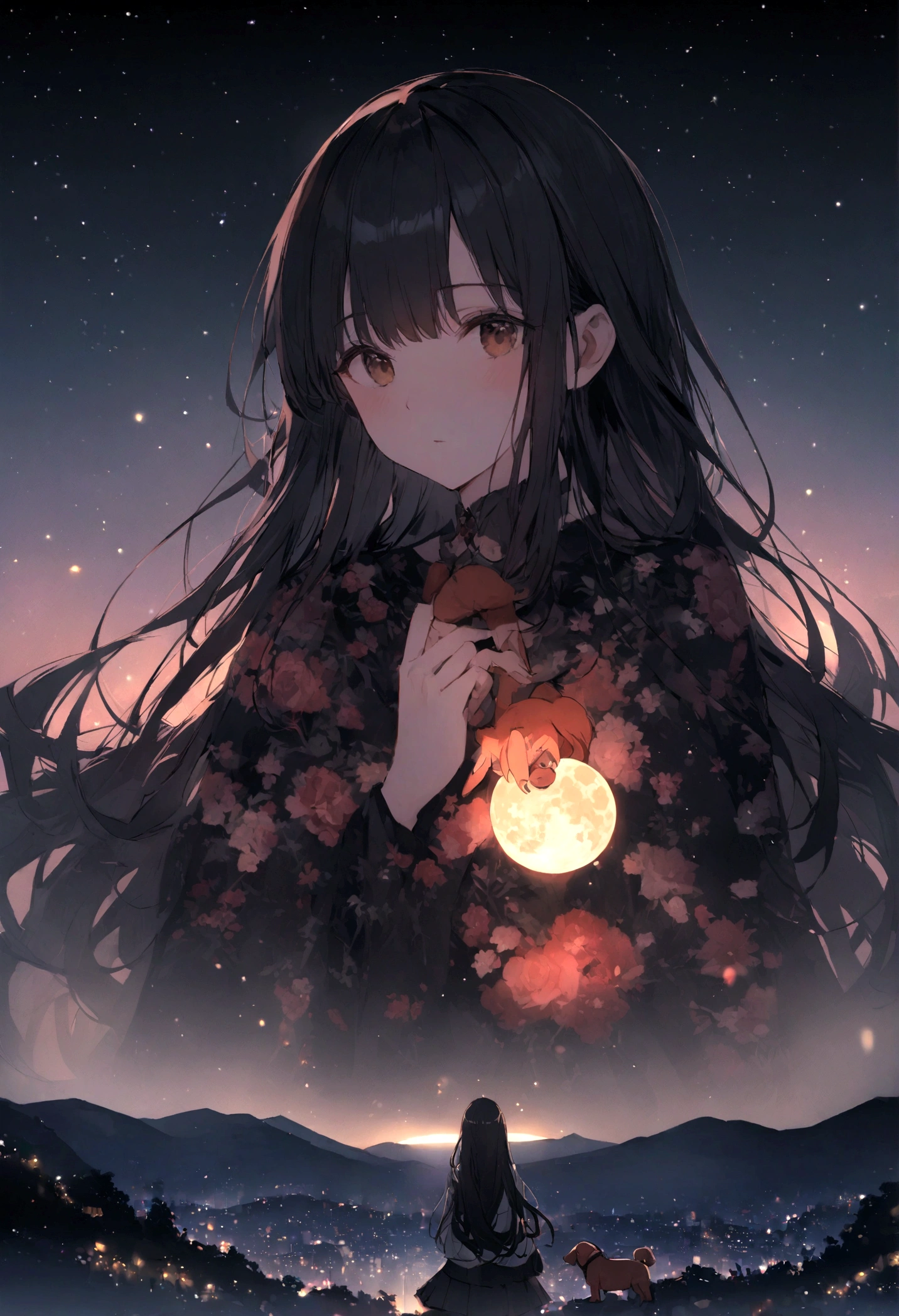 Dog 1、Woman 1、Red miniature dachshund、Red miniature dachshund long hair、dog&#39;color is red、woman with very long black hair、Spectacular views、Night Scene、The view from the top of the hill、Full moon night sky、swirling starry sky、８K、Best Quality、詳しいdogの顔、The woman is facing the opposite direction、Ria、I can't see a woman's face、The whole body is in the photo、Like the night view of Tokyo、