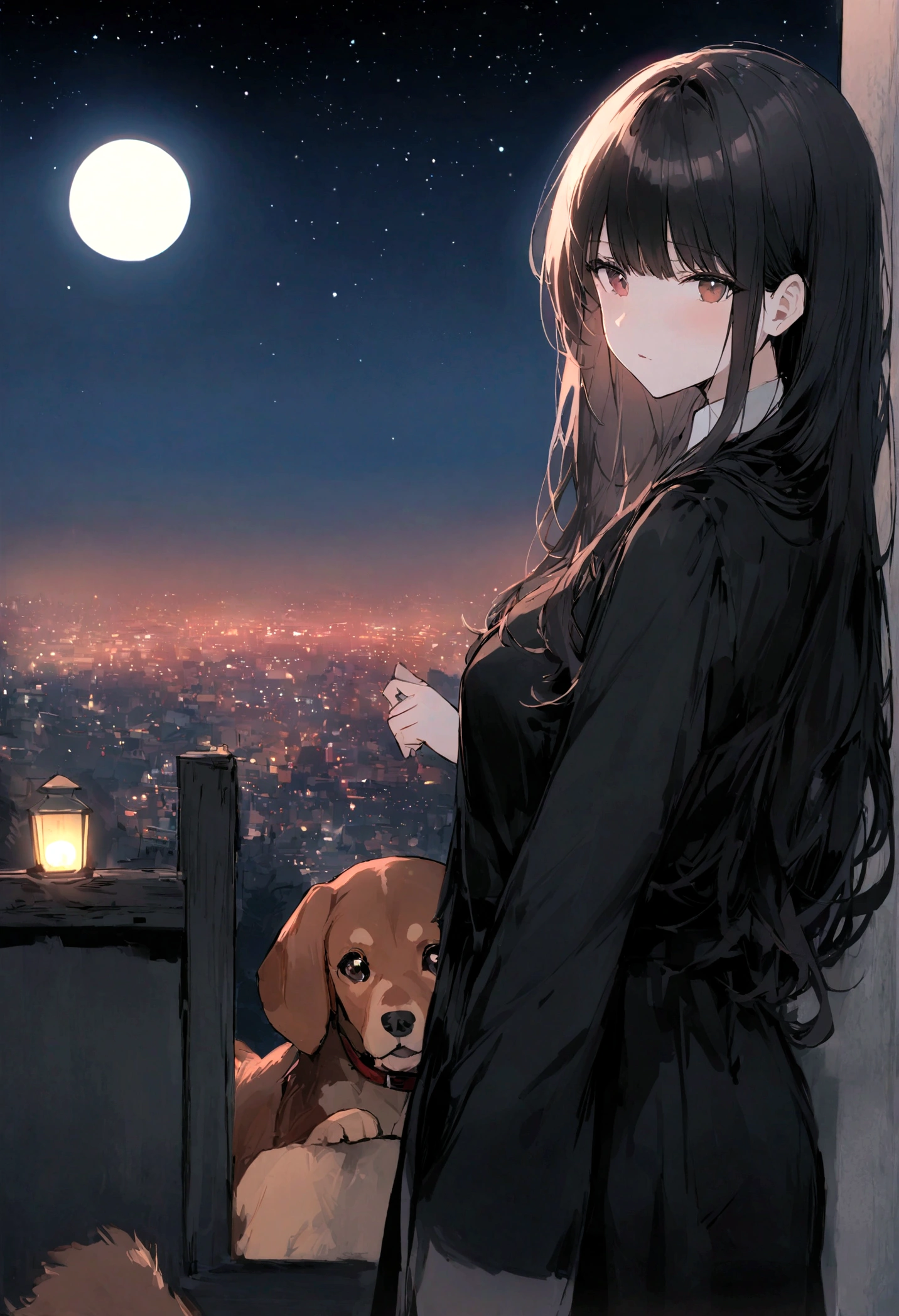 Dog 1、Woman 1、Red miniature dachshund、Red miniature dachshund long hair、dog'color is red、woman with very long black hair、Spectacular views、Night Scene、The view from the top of the hill、Full moon night sky、swirling starry sky、8K、Best Quality、詳しいdogの顔、The woman is facing the opposite direction、Ria、I can't see a woman's face、The whole body is in the photo、Like the night view of Tokyo、
