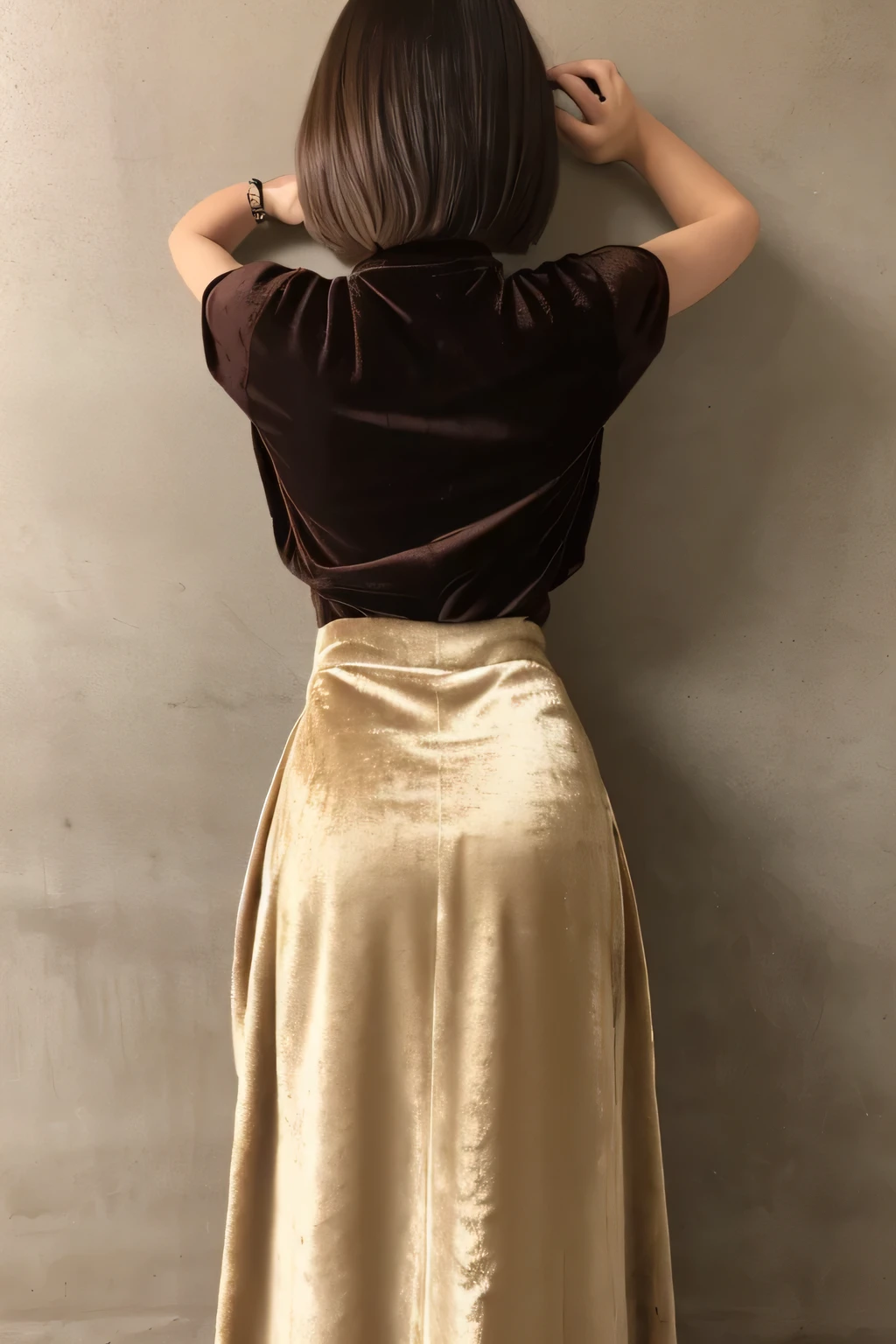masterplece, best quality,nstw 1girl.
(bsb.behsuke:1.3).lower body.from behind.classroom.Holding hands on the wall,Sticking out her butt、Back of a woman&#39;s head、classroom,
(((Beige velvet long skirt))).(bob cuts hair,Straight hair.black hair color.shiny hair)