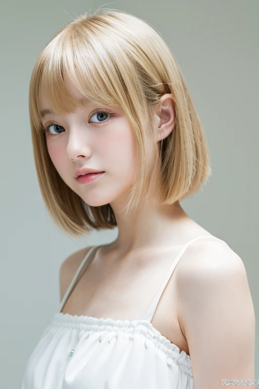 highest quality、masterpiece、High resolution、One Girl、22 years old、solo、RAW Photos、Real person、Photos of very beautiful girls from Scandinavia、Detailed skin、Japanese、Blonde、Thin bangs、short hair、Bobcut、back of head、Upper Body、Clear skin、White shirt、White Room、White wall